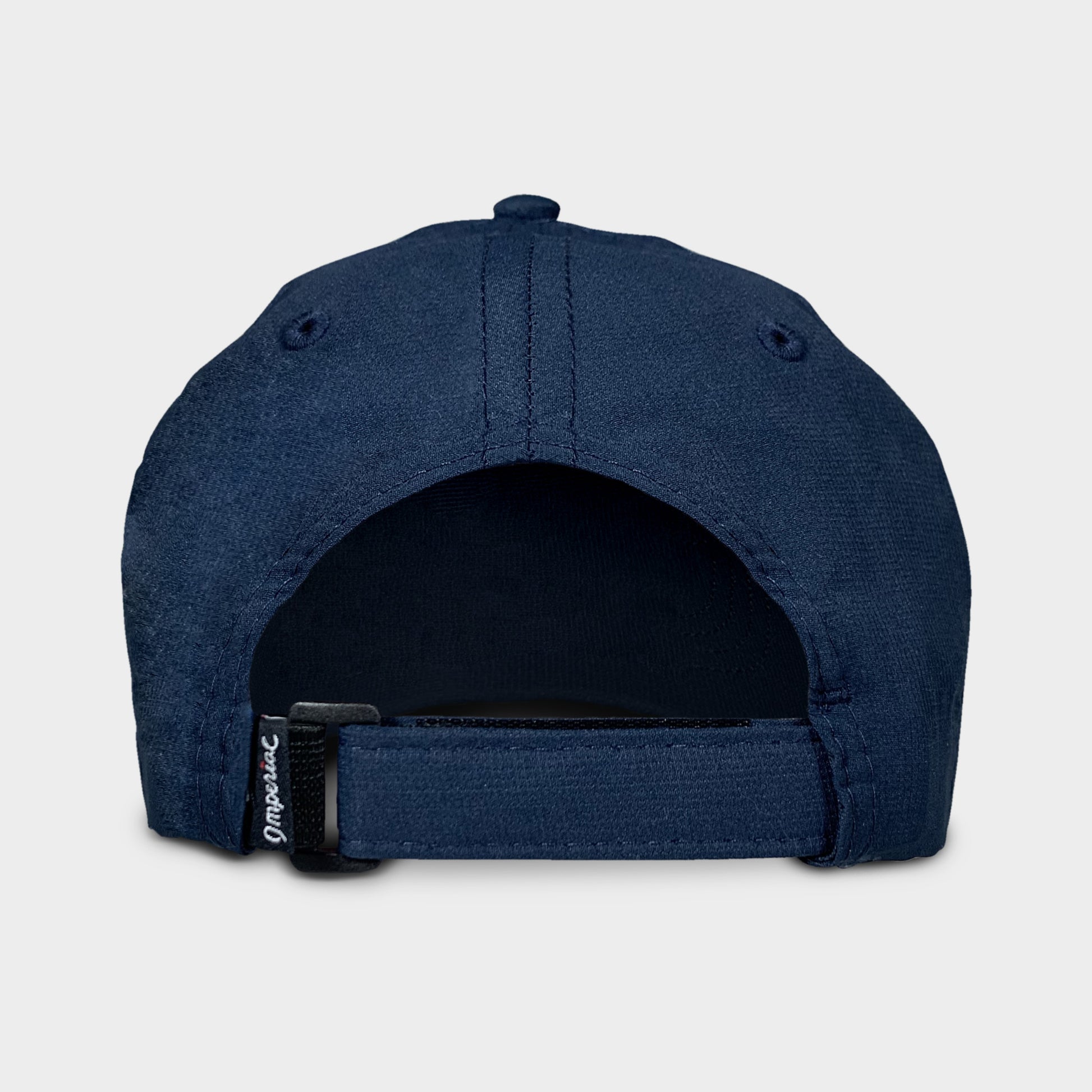 back view of navy blue MadGolfer baseball hat with adjustable strap